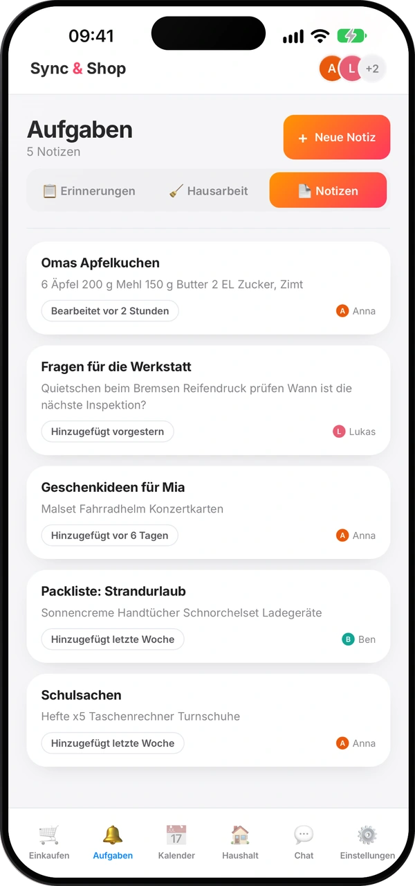 Sync & Shop – gemeinsame Notizen