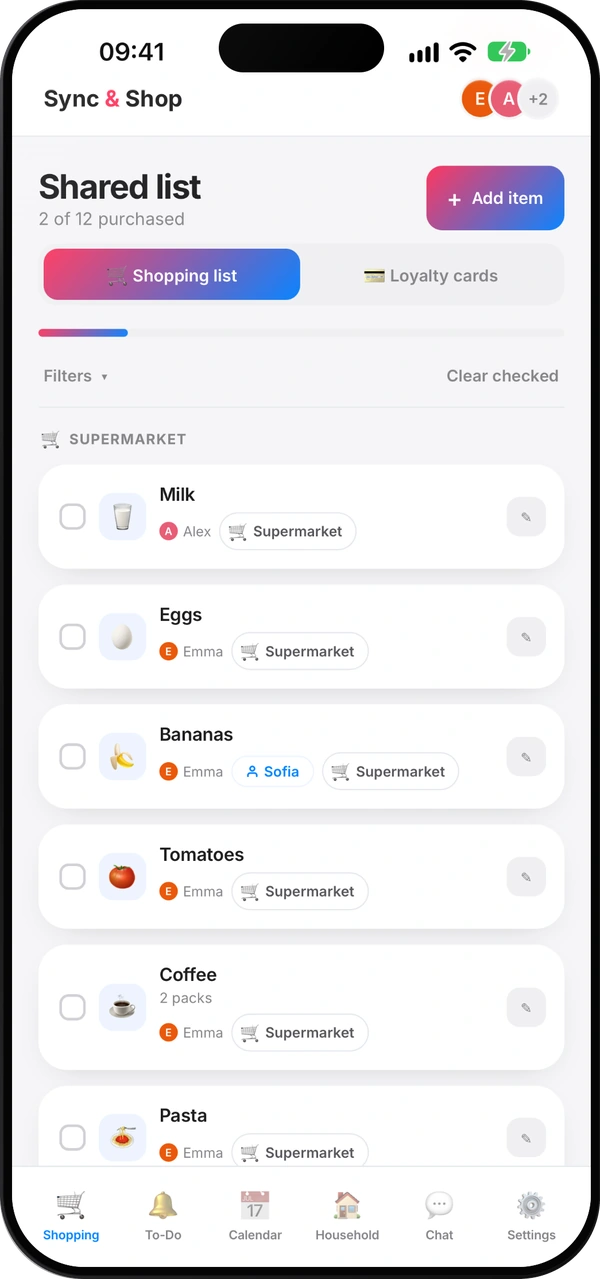 Sync & Shop shared shopping list screen