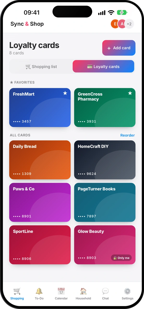 Sync & Shop loyalty cards screen