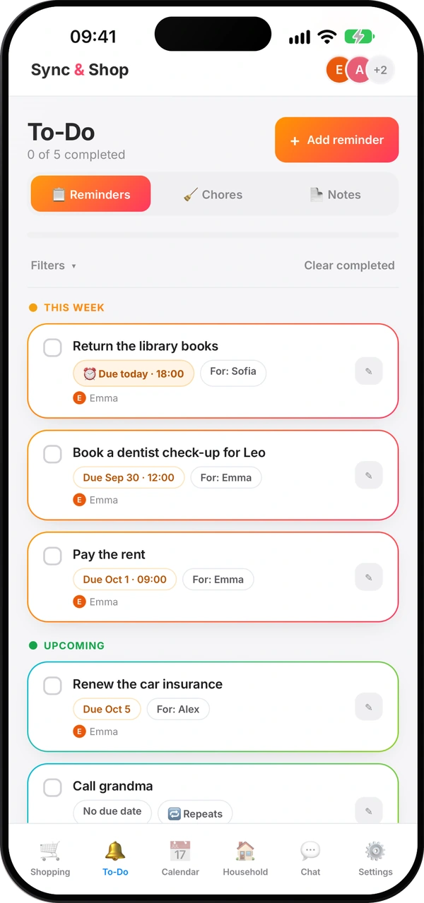 Sync & Shop reminders screen