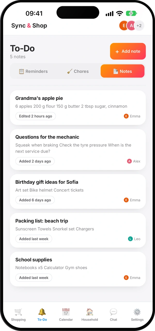 Sync & Shop shared notes screen