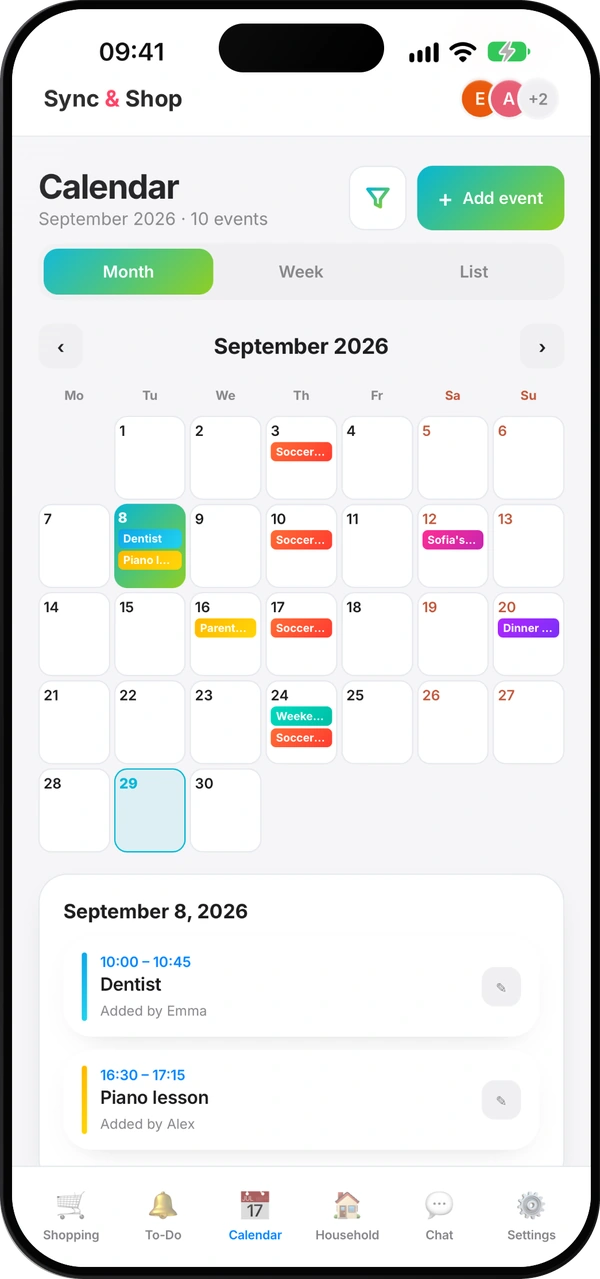 Sync & Shop family calendar screen