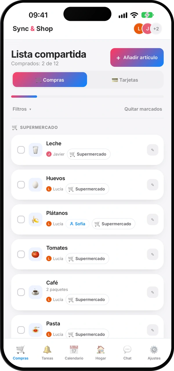 Pantalla de la lista de la compra compartida de Sync & Shop