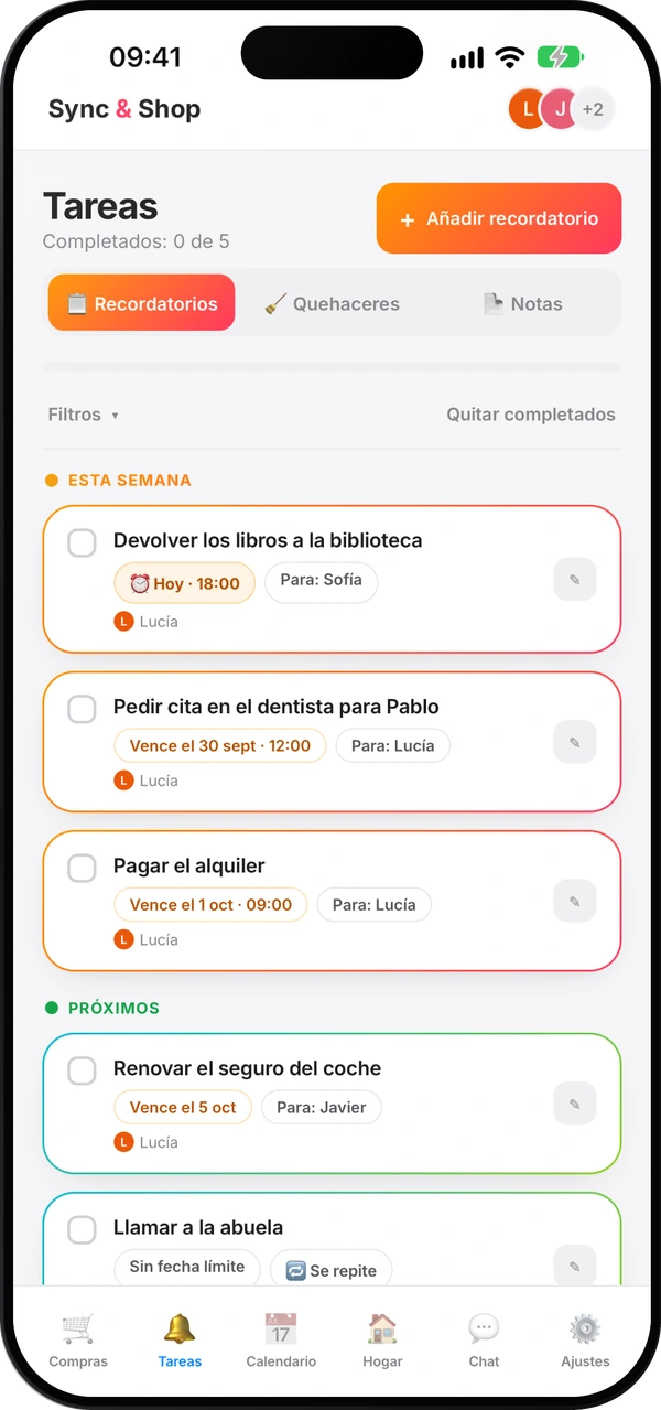 Pantalla de recordatorios de Sync & Shop