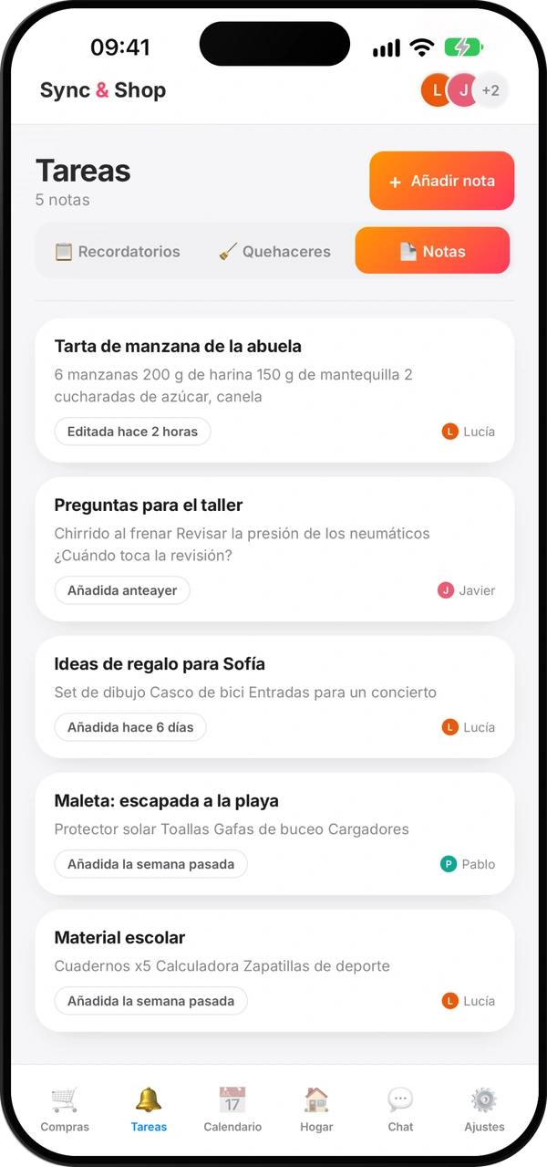 Pantalla de notas compartidas de Sync & Shop