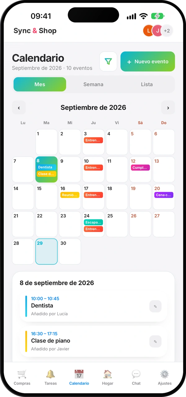 Pantalla del calendario familiar de Sync & Shop