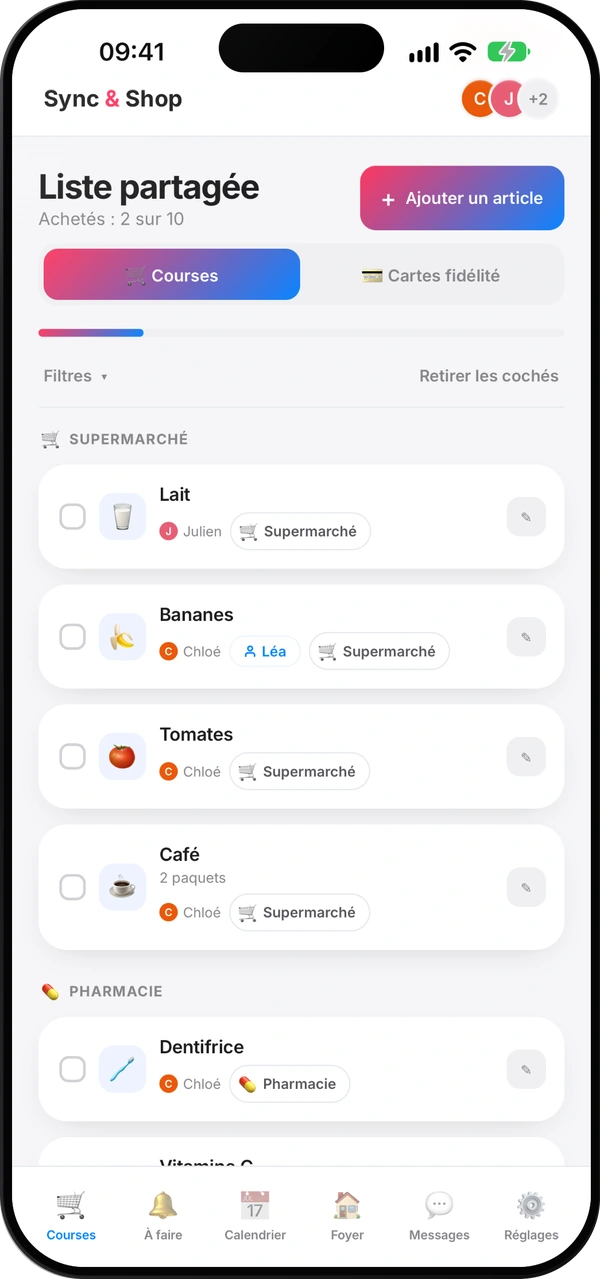 Écran de la liste de courses partagée de Sync & Shop