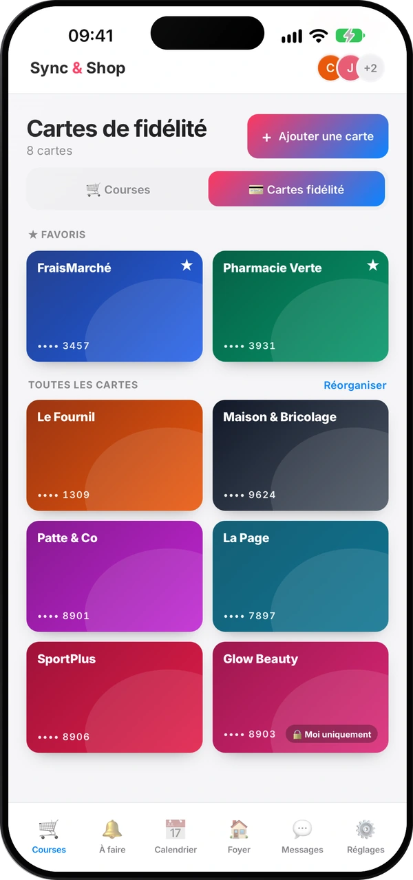 Écran des cartes de fidélité de Sync & Shop