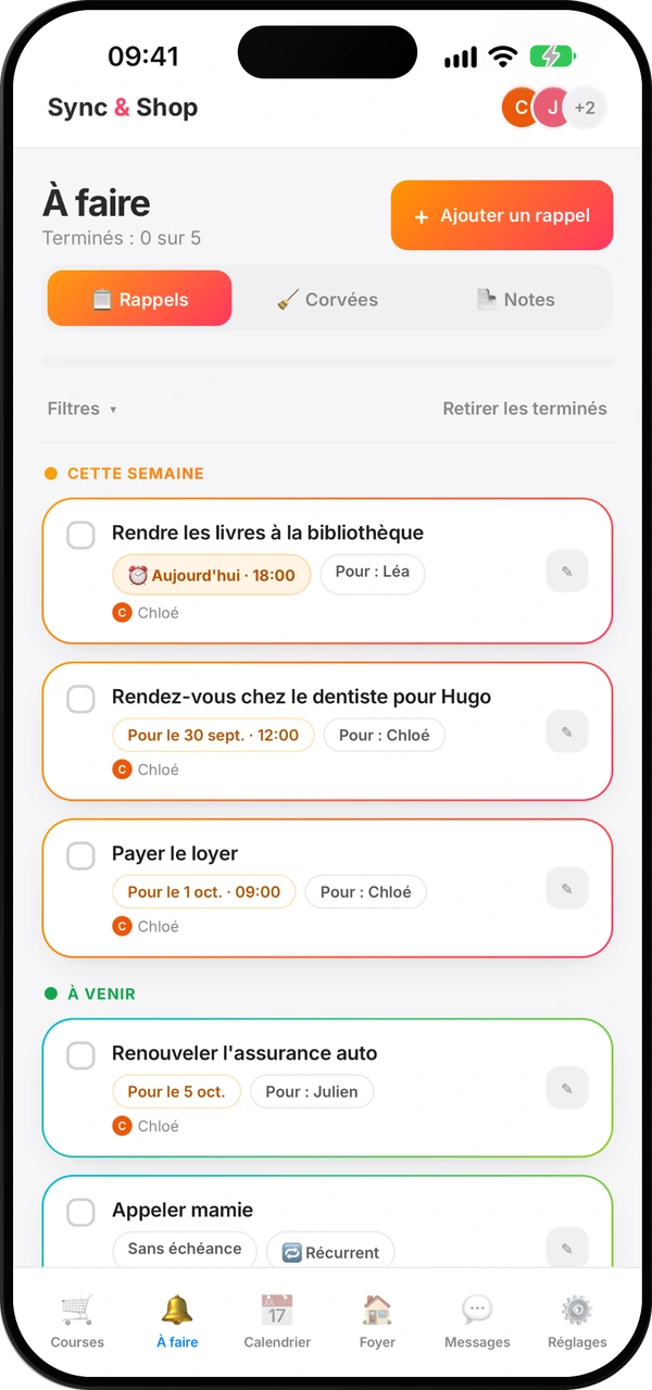 Écran des rappels de Sync & Shop