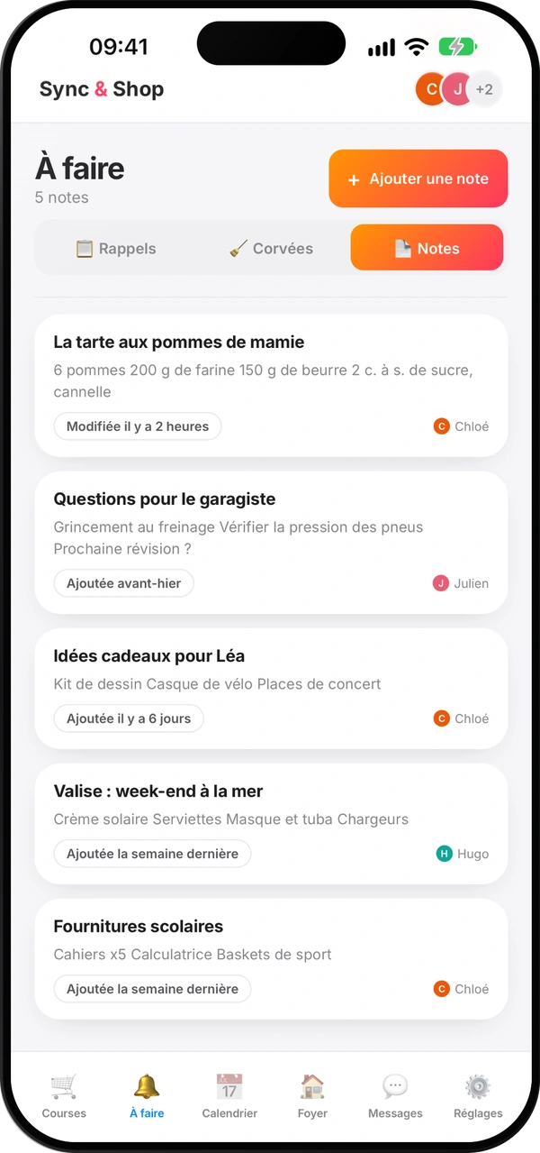 Écran des notes partagées de Sync & Shop