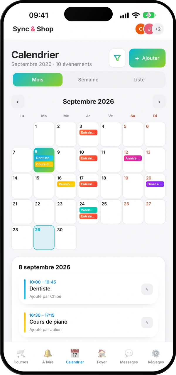 Écran de l'agenda familial de Sync & Shop