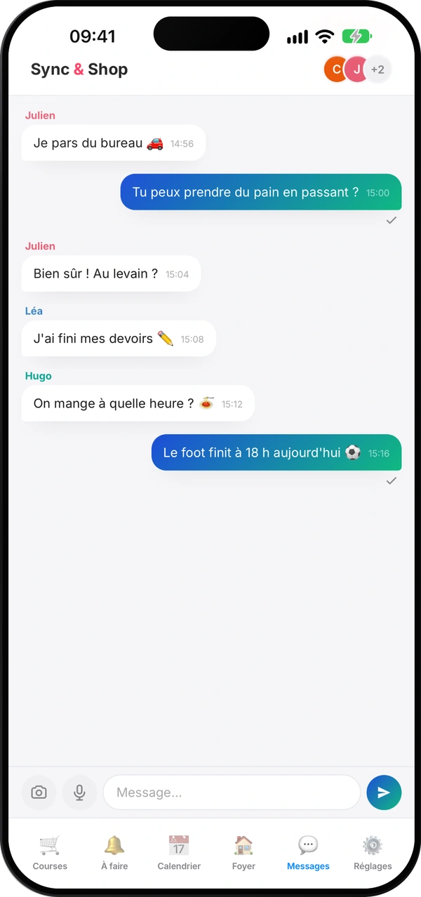 Écran de la messagerie du groupe de Sync & Shop