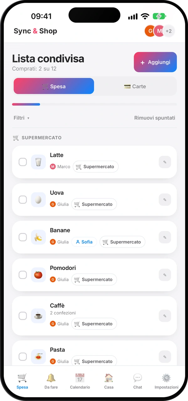 Schermata della lista della spesa condivisa di Sync & Shop