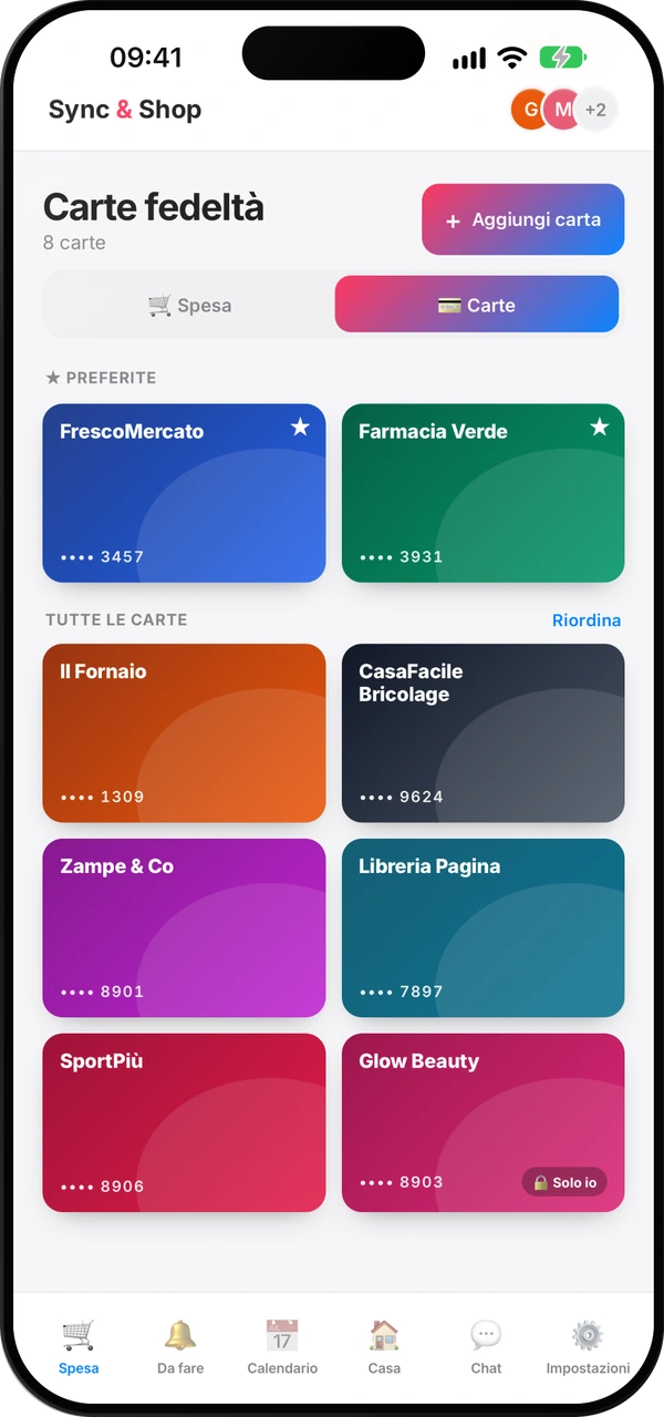 Schermata delle carte fedeltà di Sync & Shop