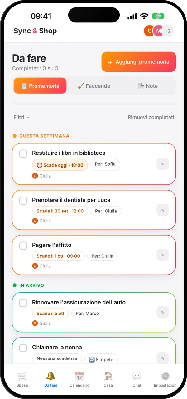 Schermata dei promemoria di Sync & Shop