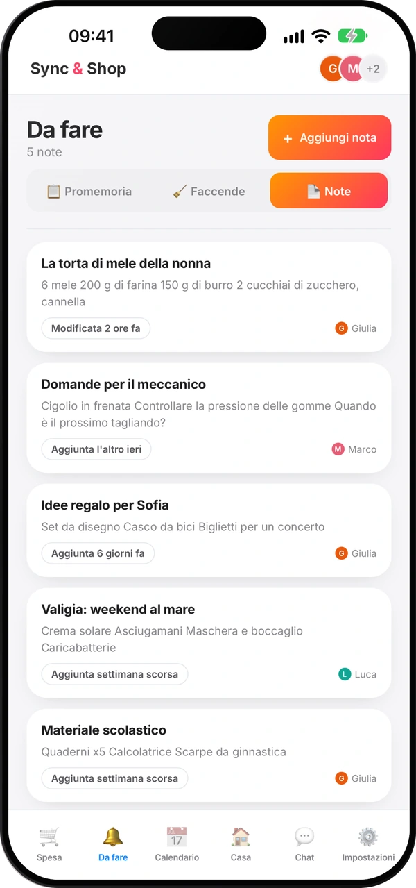 Schermata delle note condivise di Sync & Shop