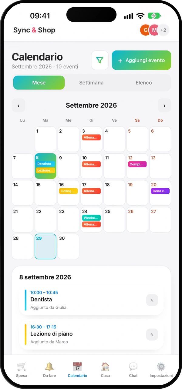 Schermata del calendario di famiglia di Sync & Shop