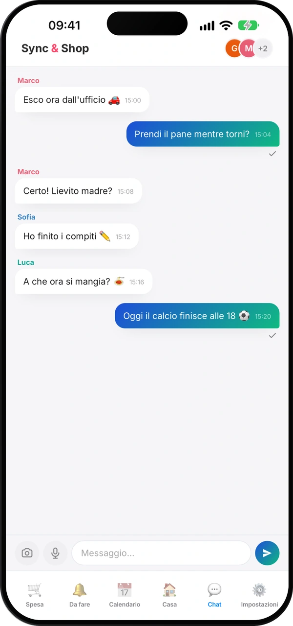 Schermata della chat del gruppo di Sync & Shop