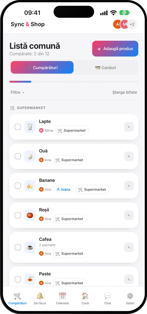 Ecranul listei de cumpărături comune din Sync & Shop