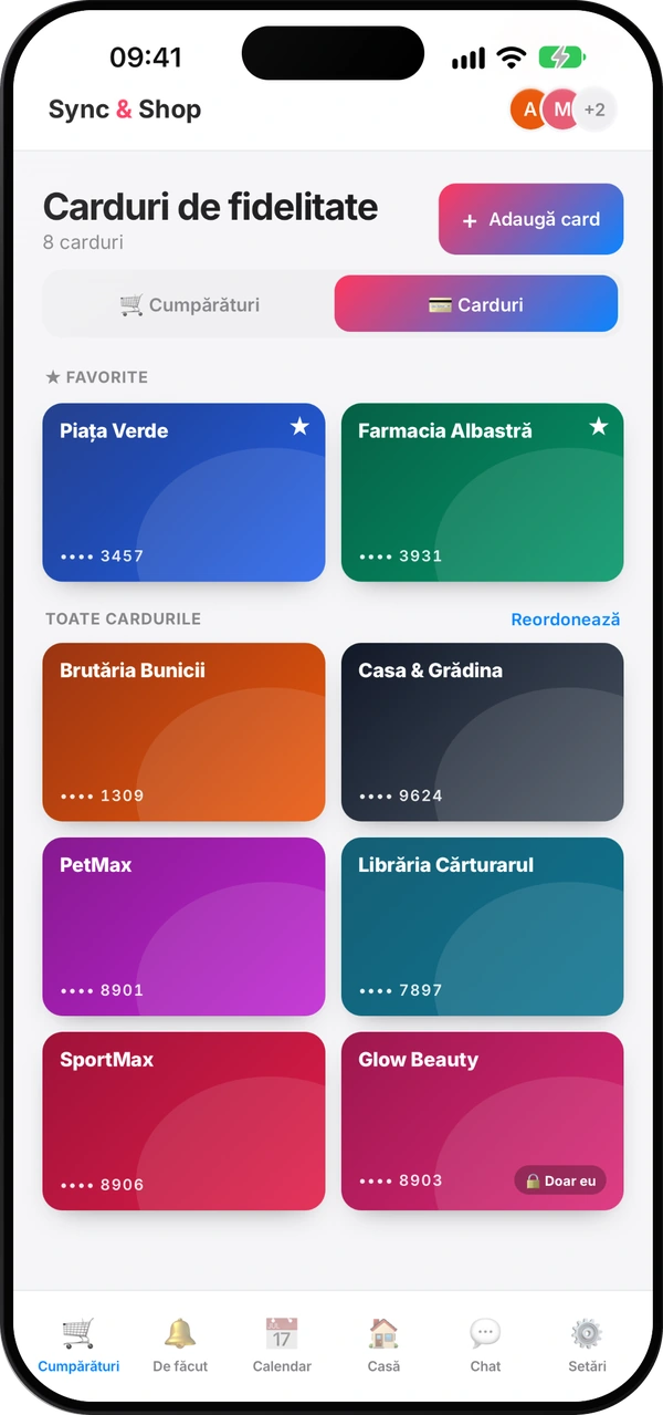 Ecranul cardurilor de fidelitate din Sync & Shop