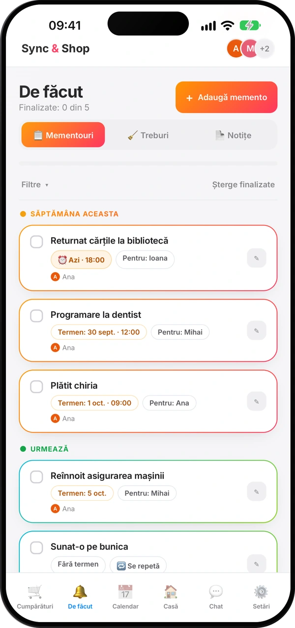 Ecranul mementourilor din Sync & Shop