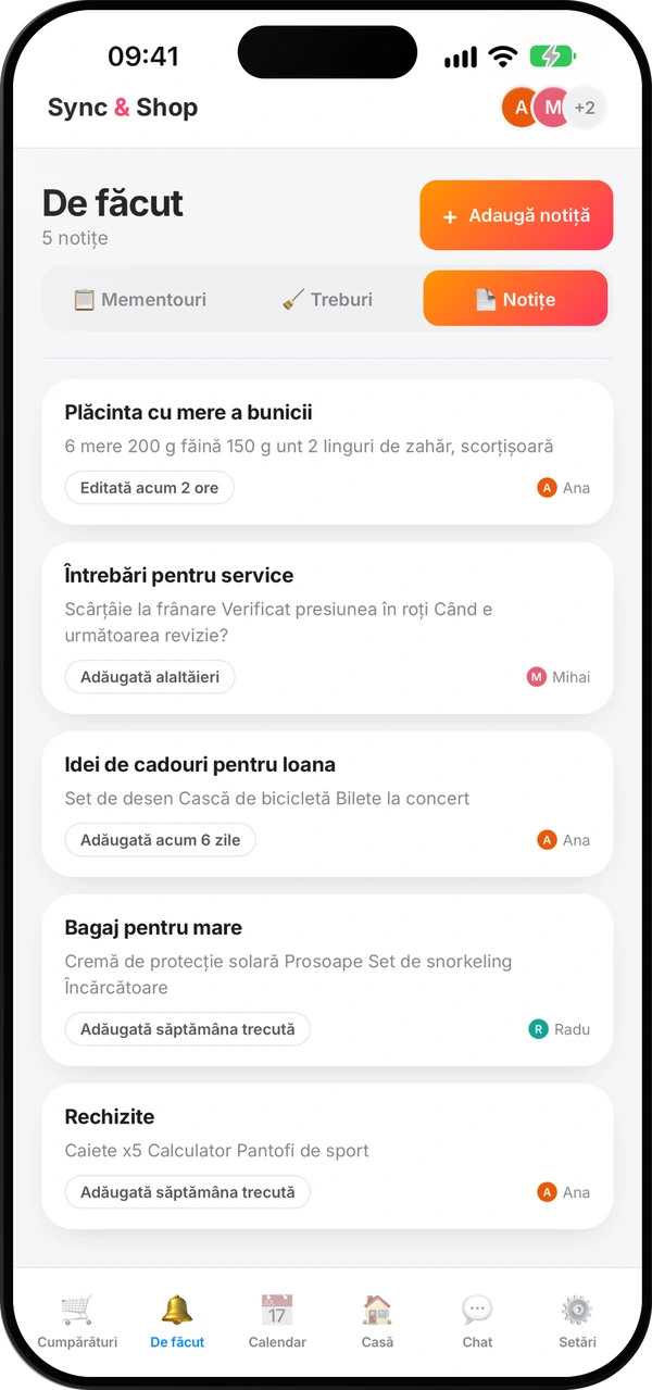 Ecranul notițelor comune din Sync & Shop