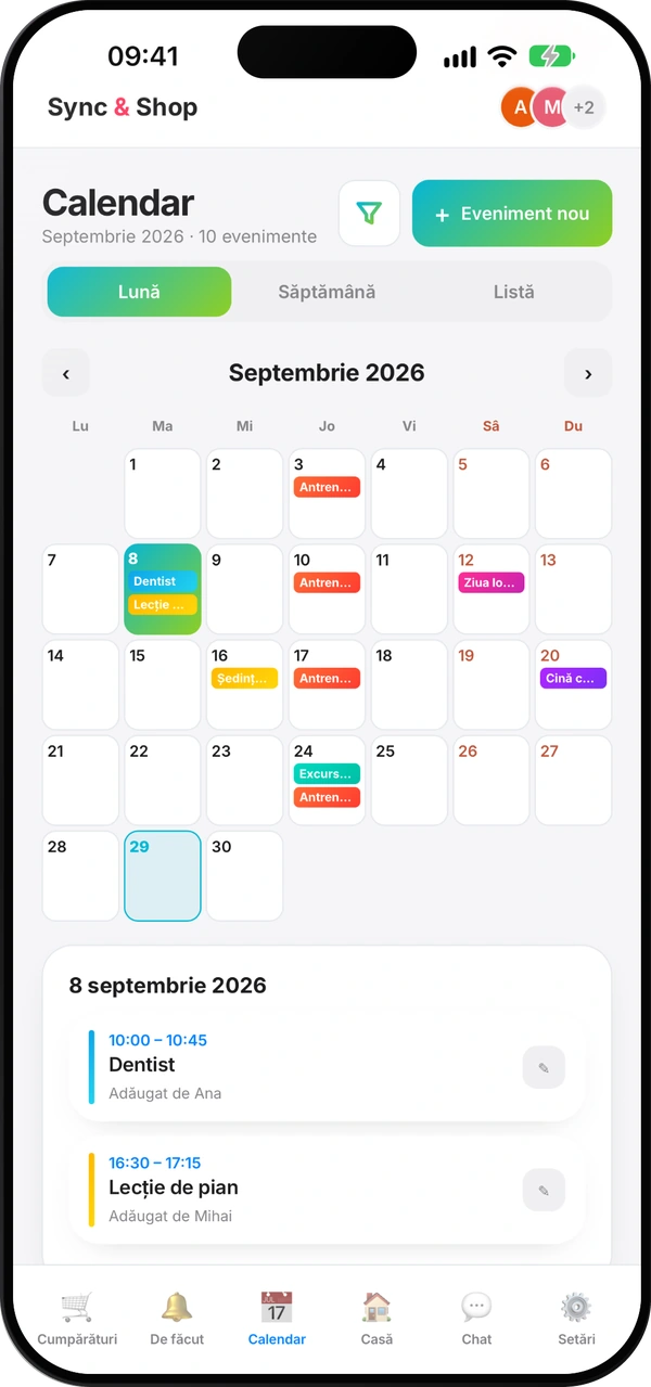 Ecranul calendarului de familie din Sync & Shop