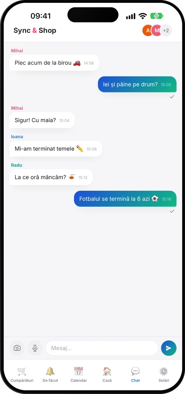 Ecranul chatului de grup din Sync & Shop