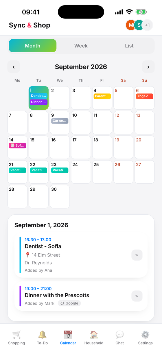 Sync & Shop calendar screen