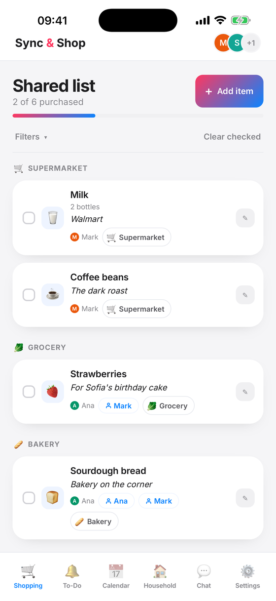 Sync & Shop shopping list screen