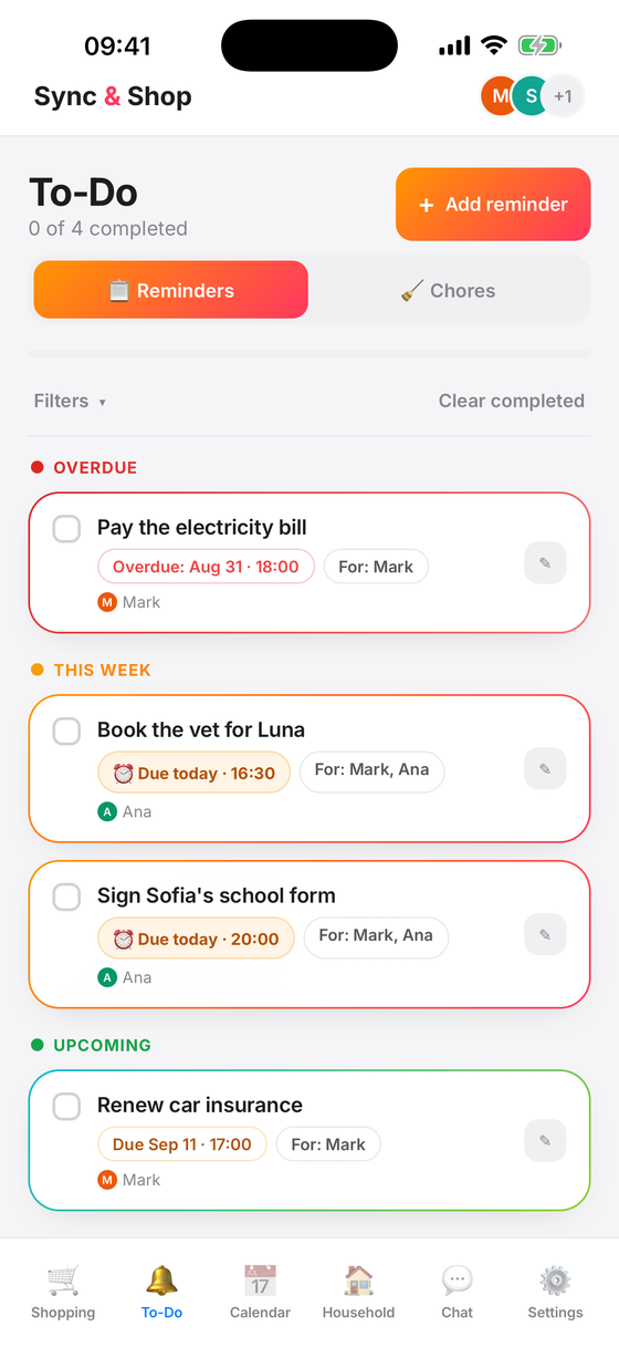 Sync & Shop Reminders and chores screen